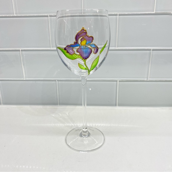 Hand Painted & Signed Purple Iris Fine Crystal Wine Glasses One Piece 9" - Picture 1 of 6